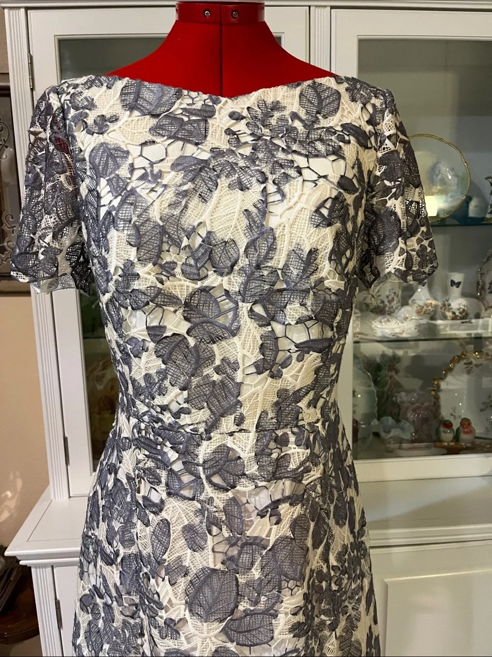 Tory Burch White Dress with Gray Floral Lace Overlay size 10